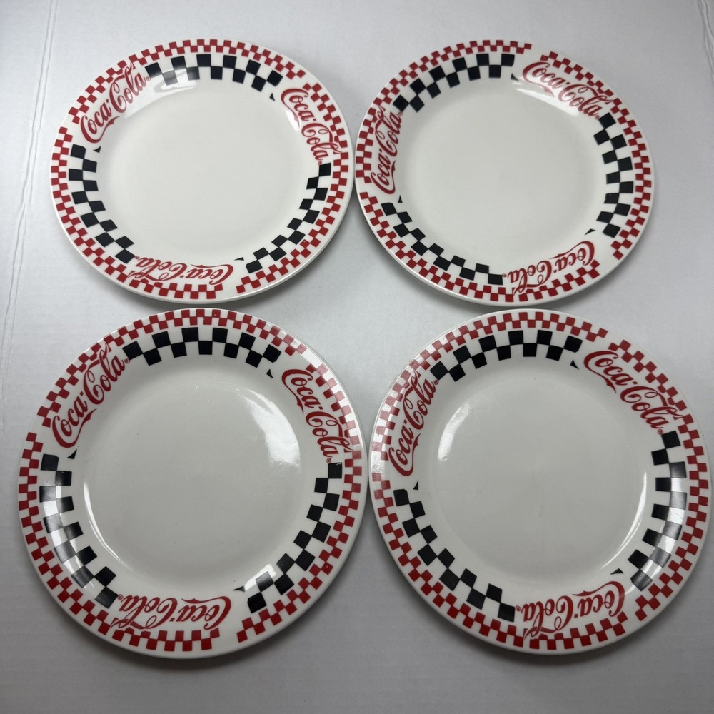 1996 COCA-COLA Gibson Red/Black/White Checkered 8" Salad Plates Set Of 4 Vintage